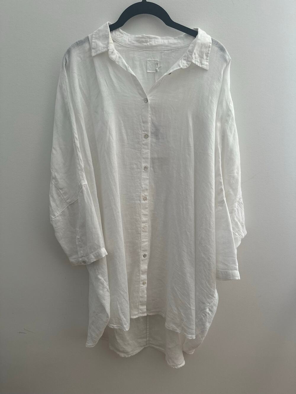 120% Lino Linen Tunic Shirt Dress Women's Large White Oversized Button Down